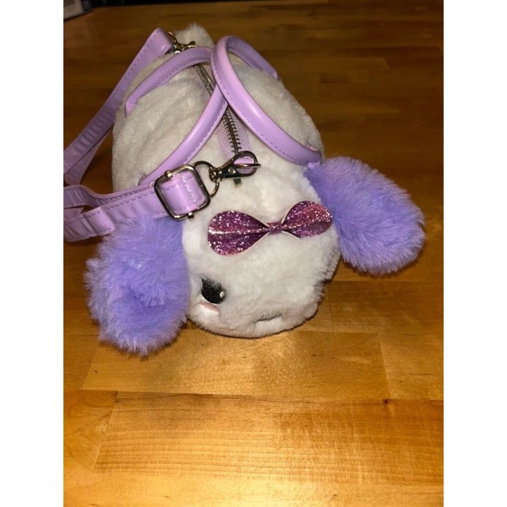 Girls Puppy Purse White and Fluffy with Purple Trim